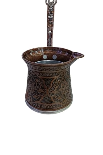 Embossed Antique Copper Turkish Coffee Pot Large 4-Person Capacity, Brown