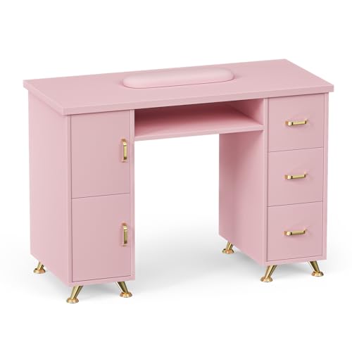 ABTSalon Manicure Table - Double Layered Desk Station, Pink Nail Makeup Beauty Salon Storage, Acetone Resistant, Wrist Cushion, 3 Drawers & 2 Cabinet