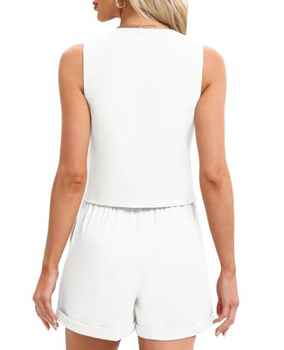 MINTLIMIT Women's Summer 2 Piece Outfits Sleeveless Matching Sets Button Down V Neck Waistcoat Vest and Pockets Shorts4