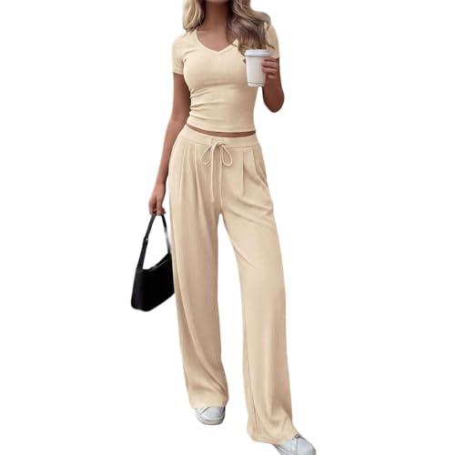 Ensemble décontracté 2 pièces avec top col V et pantalon large pour femme en maille fluide