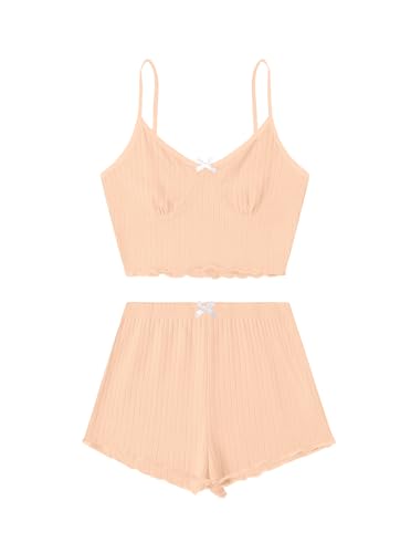 Image of Hilinker Womens Graphic Print Ribbed PJ Set Crop Cami Tops and Shorts Cute Pajamas Set