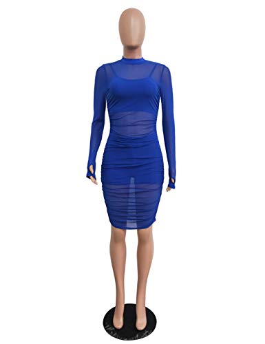 Image of Lrady Women Sexy Bodycon Dresses See-Through Sheer Mesh Ruched Bodycon Party Club Night Dress 3 Piece Outfits with Vest Shorts, Blue, XX-Large
