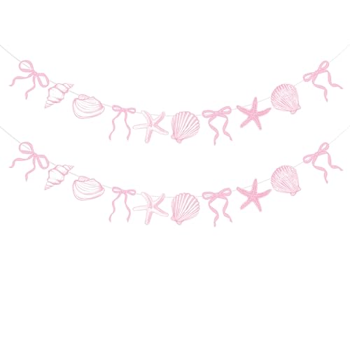 Image of Oudain 2 Pack Pink Bow Starfish and Seashell Garland 6.56 ft Ocean Coastal Beach Party Under the Sea Paper Bow Hanging Banner for Summer Birthday Wedding Bachelorette Mermaid Baby Shower