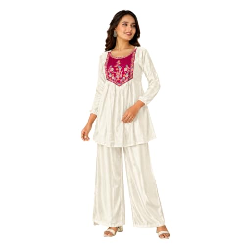 Image of Embroidered Sharara Set for Women | Roman Silk Short Kurta with Flared Sharara Pants | Designer Festive Ethnic Wear Suit Set for Weddings, Sangeet & Celebrations