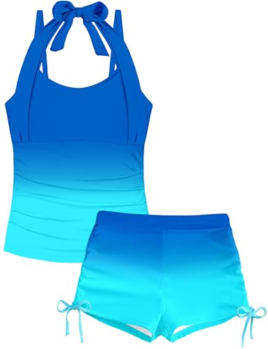 Image of Girls Swimsuit 2 Piece Halterneck Girls Tankini Swimsuit Drawstring Printed Swim Shorts Girl Bathing Suit for 7-18T