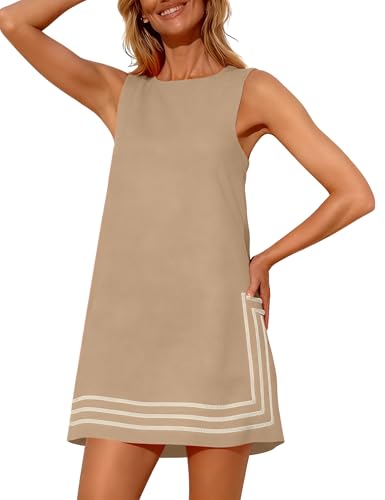 Image of Womens Summer Boho A-Line Mini Dress Sleeveless Sundress Color Block Beach Coverups