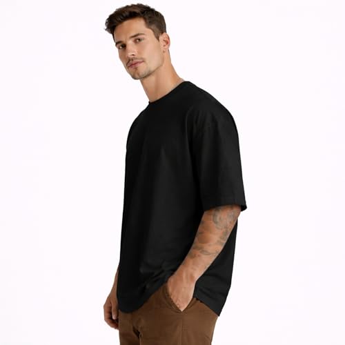 Image of Men's Oversized Round Neck Cotton T-Shirt for Men | Premium Soft Cotton Casual Loose Fit Half Sleeve Plain Tee Shirt