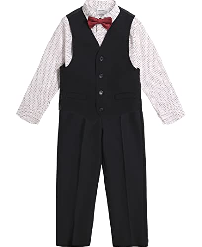 Calvin Klein Boys' 4-Piece Formal Dress Up Suit Vest Set, Vest, Pants, Collared Dress Shirt, and Tie, Black/Red, 3T