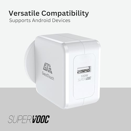 Image of GEARZTOUCH 100W SuperVOOC Power Adapter with Red Cable- Ultra Fast SuperVOOC Quick Flash Charger Compatible with 12 /12R /11 /11R /10 /10R, Nord CE 3 Lite 5G, Nord 2T 5G, Nord CE 2 Lite 5G, Nord 5G(White)