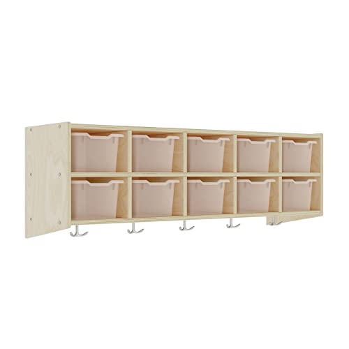 ECR4Kids Birch Streamline 10-Section Hanging Coat Locker with 10 Bins, Wall Mounted Cubbies for Kids, Space-Saving Wall Organizer with Hooks, Daycare and Home Storage - Clear
