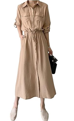 Image of Women Roll-Up Long Sleeve Button Down Shirt Midi Dress