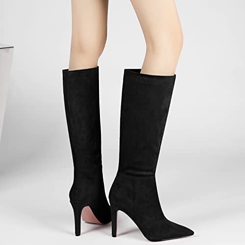 LEHOOR Women Knee High Stiletto Heel Boots Pointed Closed Toe Slip On High Heeled Dress Shoes Sexy Trendy for Ladies 4-11 M US4