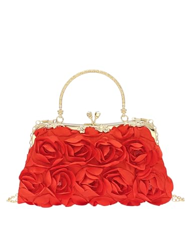 Women's 3D Rose Clutch Purses Satin Floral Crossbody Bags Evening Wedding Party Handbag With Chain