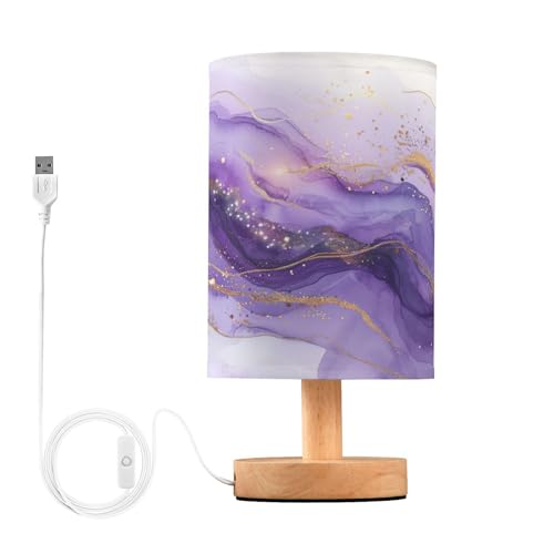 SKYSHU Petite lampe de chevet LED en marbre violet avec base en bois antidérapante et abat-jour agréable pour les yeux pour salon, chambre à coucher, dortoir, maison,...