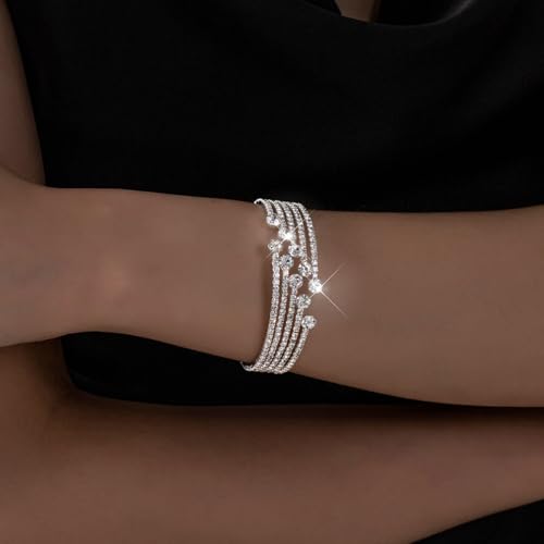 Multilayer Rhinestone Bridal Bracelet Adjustable Water Diamond Elastic Cuff Bracelet Chunky Silver Bracelet Sparkling Crystal Bangle for Women2