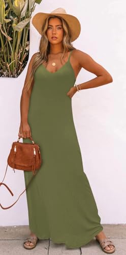 Image of Bluetime Women Summer Spaghetti Strap Maxi Dress V-Neck Sleeveless Flowy Boho Floral Beach Long Dress with Pockets