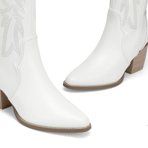 Image of DREAM PAIRS Womens Cowboy Boots Wide Calf Comfortable Pull On Zipper Chunky Heel Pointed Toe Embroidered Western Cowgirl Knee High Boots Ladies Retro Tall Boot