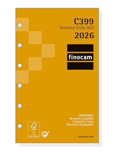 Finocam - Recambio agenda Classic 2026 Semana Vista Horizontal | Enero - Diciembre (12 meses) | Recambio anual agenda C399 con 6 taladros - Español ⭐