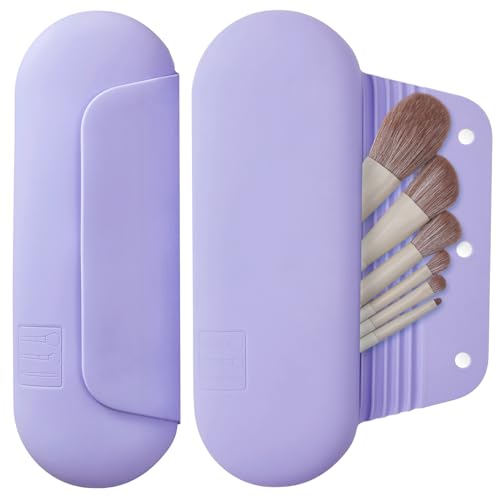 AGIKET Silicone Makeup Brush Holder Travel Cosmetic Bag - Soft Portable Cosmetic Face Brushes Holder with Upgrade Anti-Fall Out Magnetic Closure,Large Travel Makeup Brush Case, Lavender