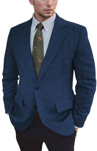 Vintage Mens Herringbone Blazer Vintage Tweed Wool Blend Sport Coat Jacket Casual Wedding Groomsmen Prom Suit Navy Blue XXXL