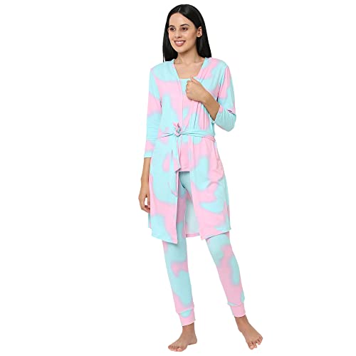 Image of Sweet Dreams Women Tie & Dye Lapel Collar 3 /4th Sleeve Poly Brush Robe, Slip & Pyjamas