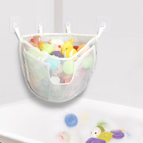 DOCMON Bath Toy Storage, Large Capacity Bath Toy Holder with Buttom Zipper, Quick Release Bathtub Toy Storage with Large Pocket, Corner Mesh Bath Toy Organizer Basket Bin for Bathroom Toys - White