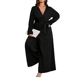 WDIRARA Women's Button Front Long Sleeve Belted Collar Jumpsuit Pants with Pocket Plus Black 2XL