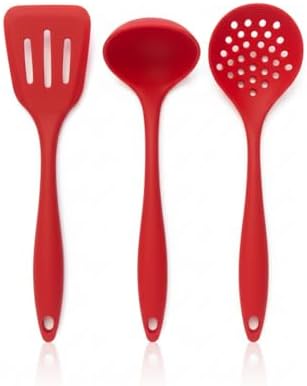 KIT 3 UTENSILIOS COZINHA SILICONE VERMELHO CONCHA ESPATULA ESCUMA...