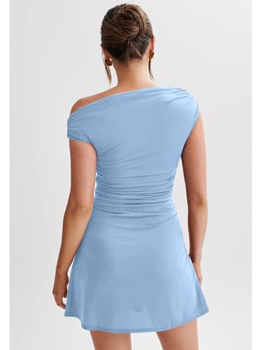 Image of LAGSHIAN Womens Off Shoulder Sleeveless Ruched Flare Mini Dress | Sexy,Summer,Slim Fit,Stretch,Trendy,Double Layer,A-line,Cocktail Party,Club,Night Out,Date,Asymmetrical Shoulder