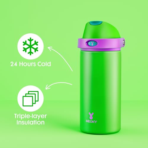 Image of 18 oz Kids Water Bottle for School: Meoky 18 oz Stainless Steel Insulated Water Bottle with 2-in-1 Straw and Spout Lid - Leak Proof, Cold for 24 Hours, BPA-Free for Teens Boys Girls, Power Green