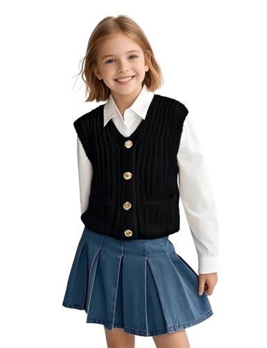 Girl's Sweater Vest Sleeveless Button Down Sweater V Neck Crochet Cardigan 2025 Fall Winter Vest Top, 5-14 Years3