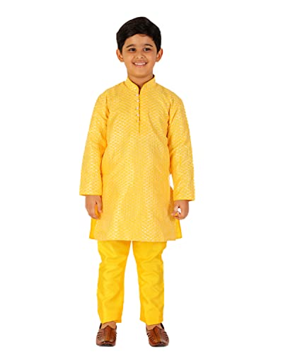 Image of Pro-Ethic Style Developer Boys Silk Solid Kurta Pajama Set | | Self Design | Mandarin Collar | Traditional Ethnic Wear (S-161)