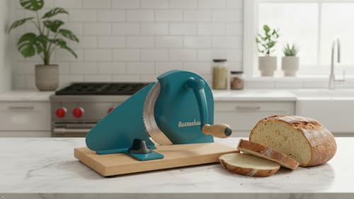 Image of Zassenhaus Original Classic Adjustable Bread Slicer for Uniform Slices - Bread Slicer for Homemade Bread - 18 /8 Stainless Steel Blade Sourdough Cutter-Water Blue 11.75 inch x 8 inch