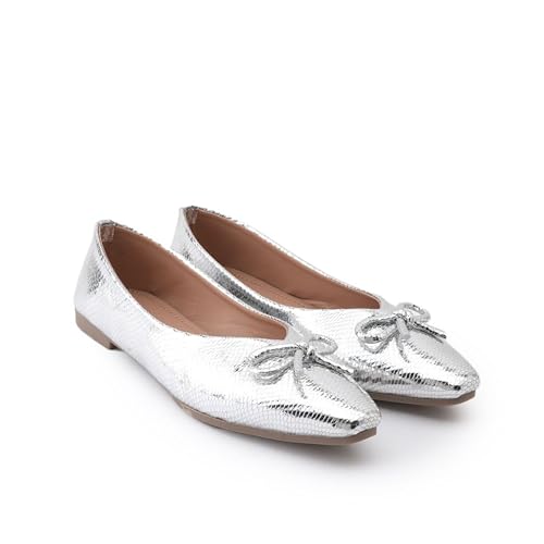 Image of Women's Gold Ballet Flats | Pointed Toe Metallic Dress Shoes with Bow Detail | Comfortable Slip On Flat Shoes for Wedding, Party, Office & Formal Events