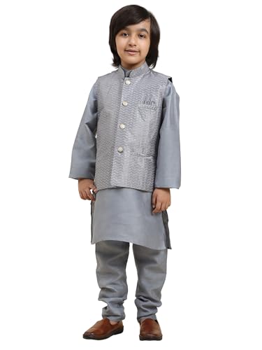 Image of Pro-Ethic Style Developer Kurta Pajama For Kids Boys With Waistcoat | Silk | Floral | Traditional Dress (S-200)
