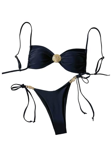 GORGLITTER Women's Metal High Waisted Thong Bikini Sets Y2K Summer Bow String Swimsuits Bathing Suit 2 Piece Swim Wear