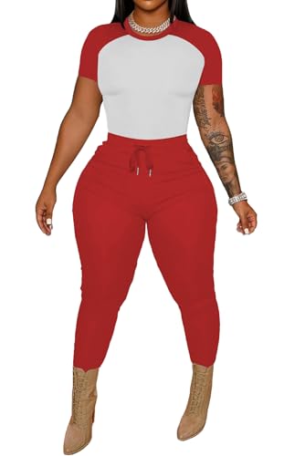 HBQ Women's 2 Piece Outfits Short Sleeve Top Drawstring Jogger Pants,Red,M