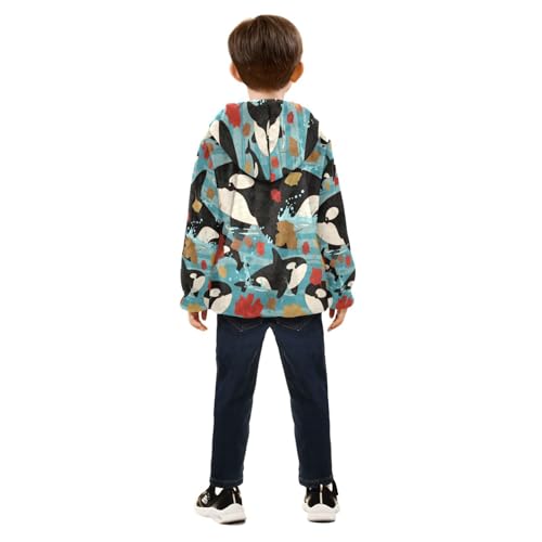 Orca Whales Swimming Fall Leaves Toddler Fleece Jacket Girl Boys Hooded Fleece Jacket Coat Warm Outwear Zip-up 3-10T4