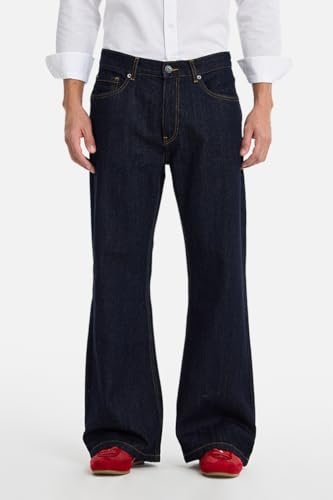 Image of SNITCH Men Flared Fit Jeans | Mid Rise Stone-Washed Denim with Raw Frayed Hem & 5-Pocket Design | 100% Cotton Woven Fabric for Casual & Everyday Wear