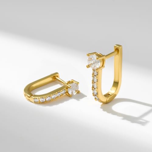 SWEETV 14K Gold Plated 925 Sterling Silver Huggie Earrings for Women, Gold Small Stud Cuff Earrings Women Cubic Zirconia, Women's CZ Jewelry Gift,Gold — view 4