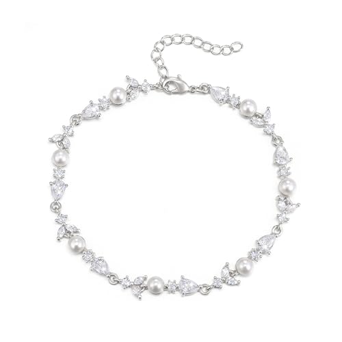 EVER FAITH Gorgeous Cubic Zirconia Wedding Link Bracelet for Bride Bridesmaids, Simulated Pearl Clear Marquise Teardrop Crystal Bridal Jewelry for Women Prom
