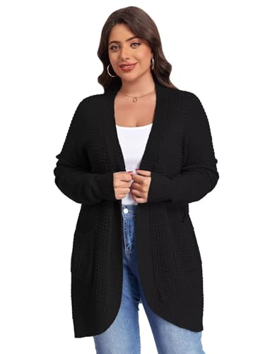 Image of LARACE Long Cardigans for Women Plus Size Tops Open Front Sweaters with Pockets Waffle Ribbed Sleeve Loose Fall Outwear