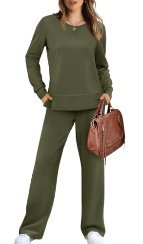 Image of WIHOLL Women's 2 Piece Lounge Sets Sweatshirt Casual Travel Outfits Fashion Wide Leg Tracksuit Cozy Sweatsuits