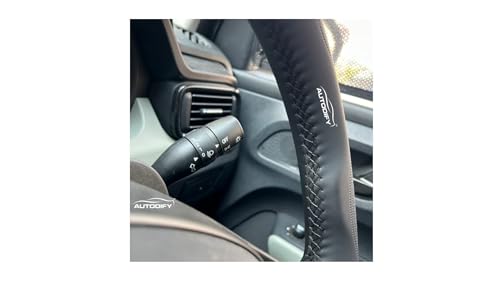 Image of Black Leather Steering Wheel Cover Universal Fit, Anti-Slip, Breathable, Comfortable Grip, Durable & Stylish for Cars Easy Install, Long-Lasting Protection,Non-SlipDesign.