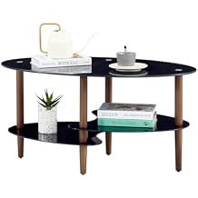 Glass Coffee Table 3 Tier Tempered Glass Table with Oak Wood Legs & Glass Shelves Modern Oval Smooth Glass Tea Table End Table for Home Office, Black
