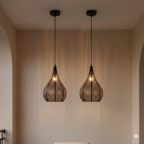 Image of Moroccan Pendant Light Set, Black Metal Geometric Pattern, 2 Teardrop Hanging Lamps with Adjustable 76 cm Wire, Bulbs Included