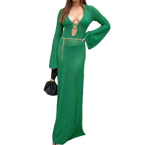 Women Side Slit Transparent Cover Dress Circle Hollow Vacation V-Neck Solid Bohemian Party Dress