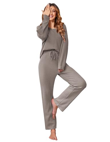 Ekouaer Women Waffle Knit Lounge Set Long Sleeve Pajamas 2 Piece Fashion Pj Sets with Pockets Brown Grey Medium