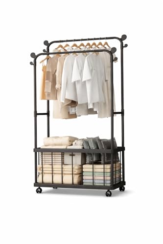 Image of Raawan Heavy Duty Double Rod Clothes Rack with Side Storage Shelves | Metal Garment Stand Organizer | Space Saving Cloth Hanger Stand for Bedroom, Living Room & PG (2 LAYER + BOX BLACK)