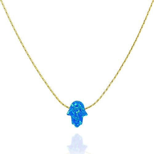 Blue Opal Hamsa on a Gold Filled Choker Necklace- Handmade Dainty Hand of Fatima Collar - 13.5 + 3 inch extending